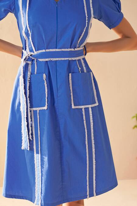 Savaaya_Blue Poplin V-neck Azure Midi Dress With Belt _at_Aza_Fashions