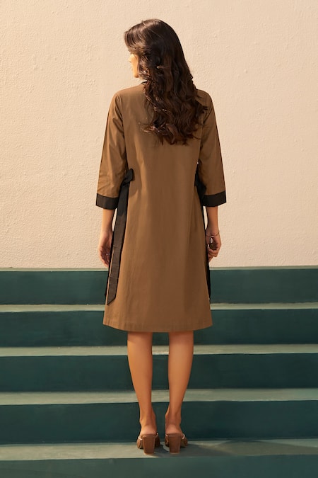 Savaaya Brown Poplin Designer Midi Dress 
