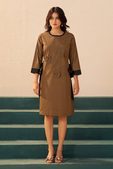 Savaaya Brown Poplin Fabric Flowers Round Neck Designer Midi Dress Online at Aza Fashions Savaaya_Brown Poplin Fabric Flowers Round Neck Designer Midi Dress _Online_at_Aza_Fashions
