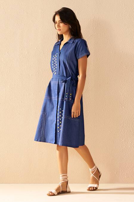 Savaaya_Blue Denim Collared Designer Midi Dress With Belt _Online_at_Aza_Fashions