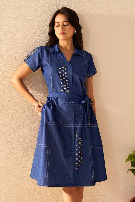 Buy_Savaaya_Blue Denim Collared Designer Midi Dress With Belt _Online_at_Aza_Fashions