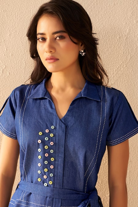 Shop_Savaaya_Blue Denim Collared Designer Midi Dress With Belt _Online_at_Aza_Fashions