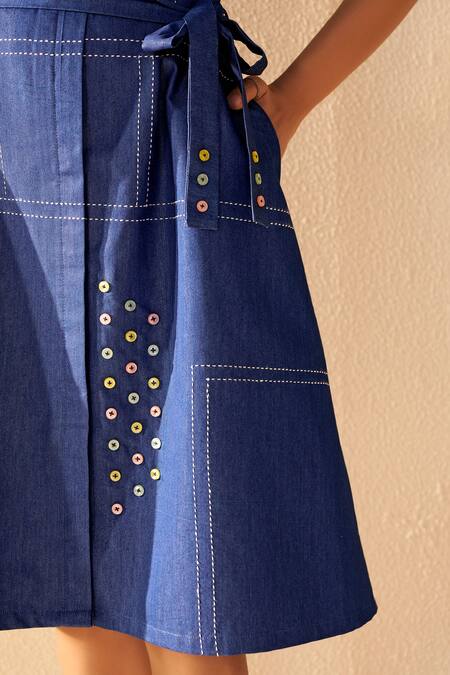 Savaaya_Blue Denim Collared Designer Midi Dress With Belt _at_Aza_Fashions