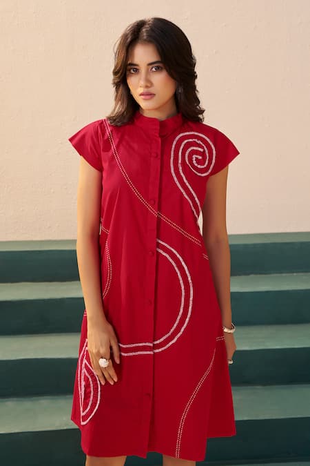 Buy_Savaaya_Red Poplin Embroidery Collared Rosette Dress _Online_at_Aza_Fashions