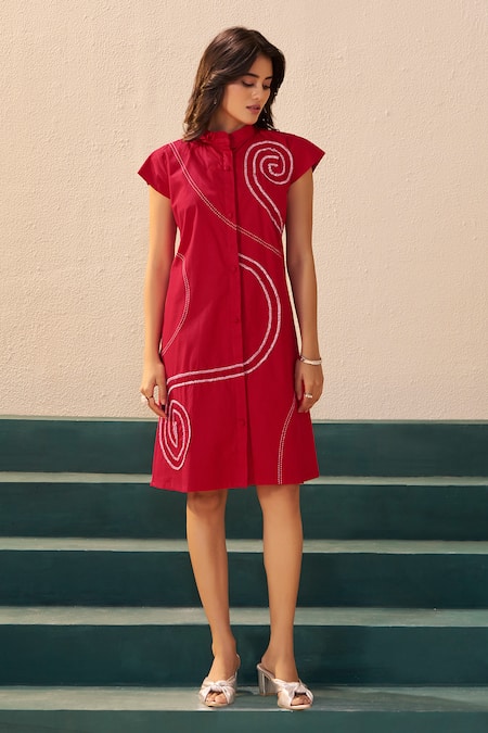 Savaaya Red Poplin Embroidery Collared Rosette Dress 