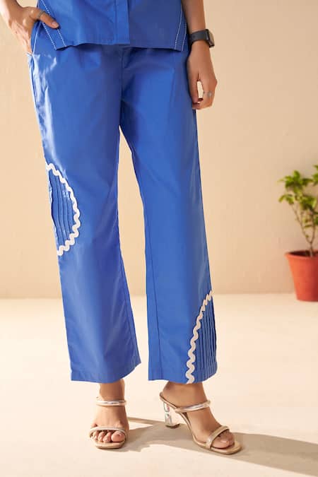 Savaaya_Blue Poplin Embroidery Mandarin Collar Designer Pant Set _Online_at_Aza_Fashions