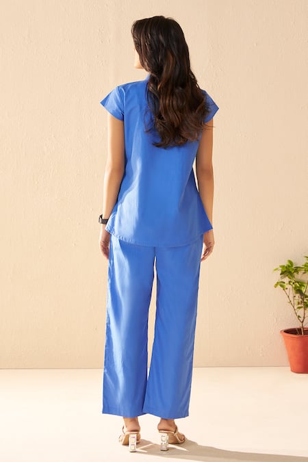 Savaaya Blue Poplin Designer Pant Set 