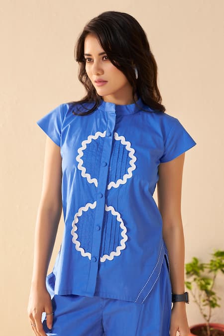 Buy_Savaaya_Blue Poplin Embroidery Mandarin Collar Designer Pant Set _Online_at_Aza_Fashions