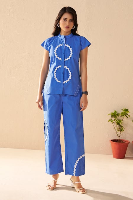 Shop_Savaaya_Blue Poplin Embroidery Mandarin Collar Designer Pant Set _Online_at_Aza_Fashions