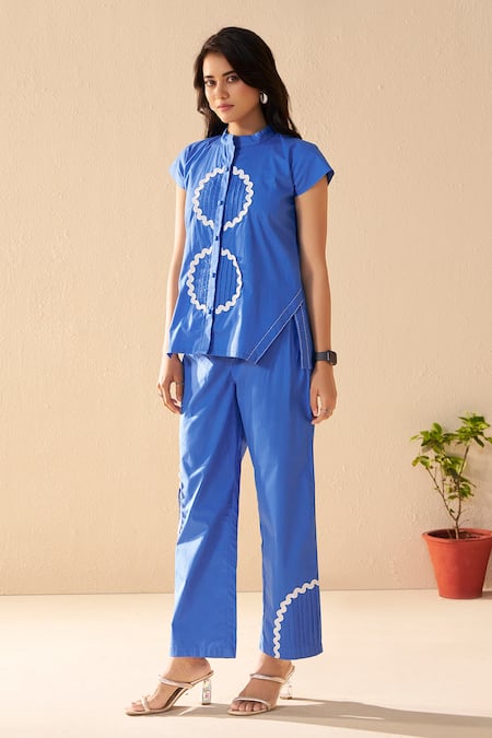 Savaaya_Blue Poplin Embroidery Mandarin Collar Designer Pant Set _at_Aza_Fashions