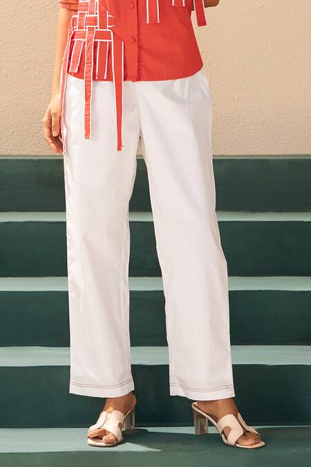 Savaaya_Orange Poplin Embroidery Collared Dandelion Print Shirt And Pant Set _Online_at_Aza_Fashions