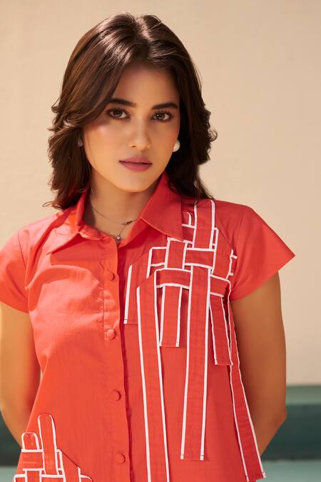 Buy_Savaaya_Orange Poplin Embroidery Collared Dandelion Print Shirt And Pant Set _Online_at_Aza_Fashions