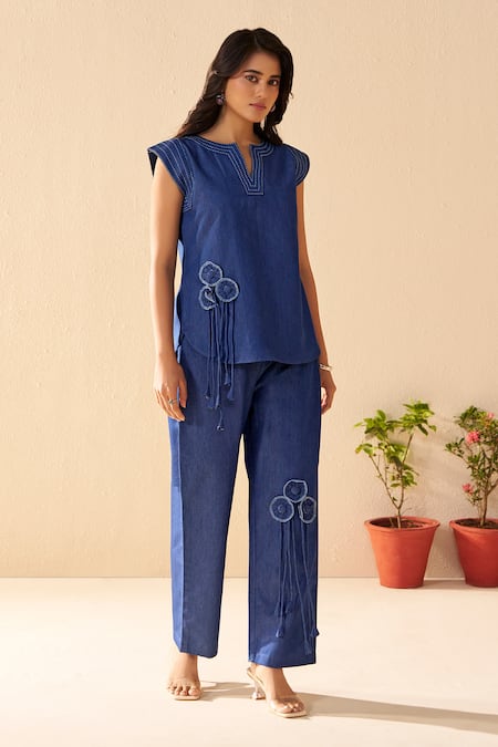 Savaaya_Blue Denim Fabric Flowers, Tassels Split V-neck Twilight Pant Set _Online_at_Aza_Fashions