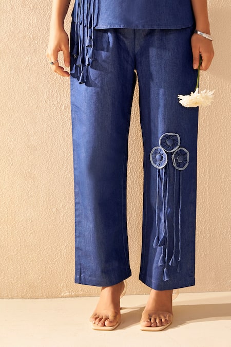 Buy_Savaaya_Blue Denim Fabric Flowers, Tassels Split V-neck Twilight Pant Set _Online_at_Aza_Fashions