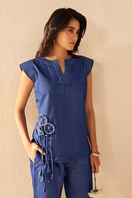 Savaaya_Blue Denim Fabric Flowers, Tassels Split V-neck Twilight Pant Set _at_Aza_Fashions