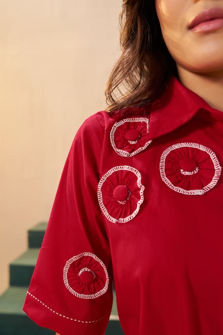Savaaya_Red Poplin Embroidery Collared Primrose Pant Set _Online_at_Aza_Fashions