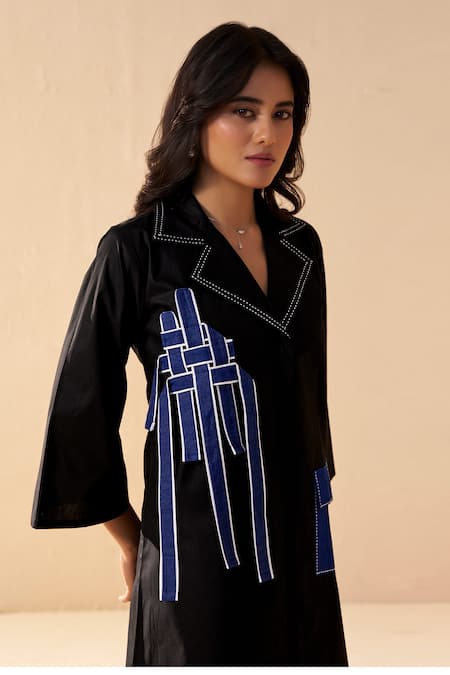 Savaaya_Black Poplin Collared Dewdrop And Blue Designer Dress _Online_at_Aza_Fashions