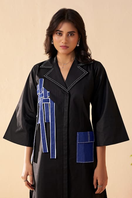 Buy_Savaaya_Black Poplin Collared Dewdrop And Blue Designer Dress _Online_at_Aza_Fashions