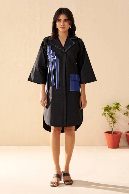 Shop_Savaaya_Black Poplin Collared Dewdrop And Blue Designer Dress _Online_at_Aza_Fashions