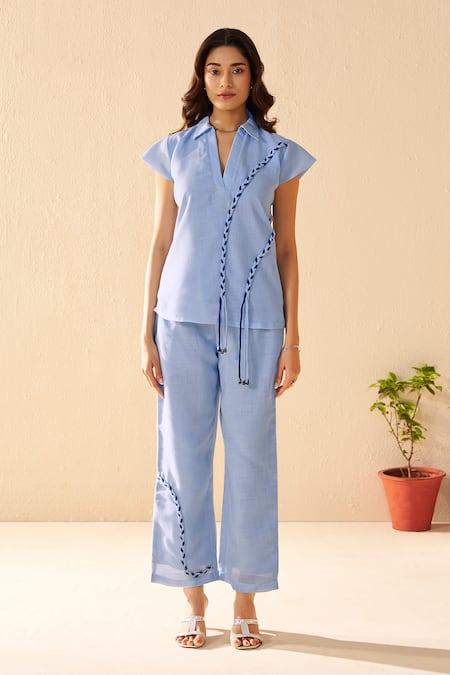 Buy_Savaaya_Blue Linen Split V-neck Light Solstice Pant Set _Online_at_Aza_Fashions