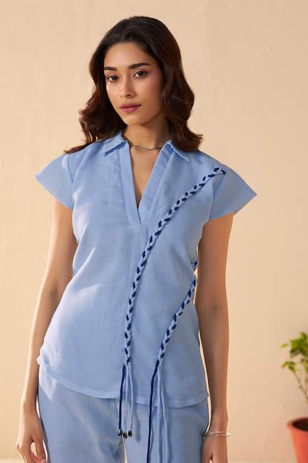 Shop_Savaaya_Blue Linen Split V-neck Light Solstice Pant Set _Online_at_Aza_Fashions