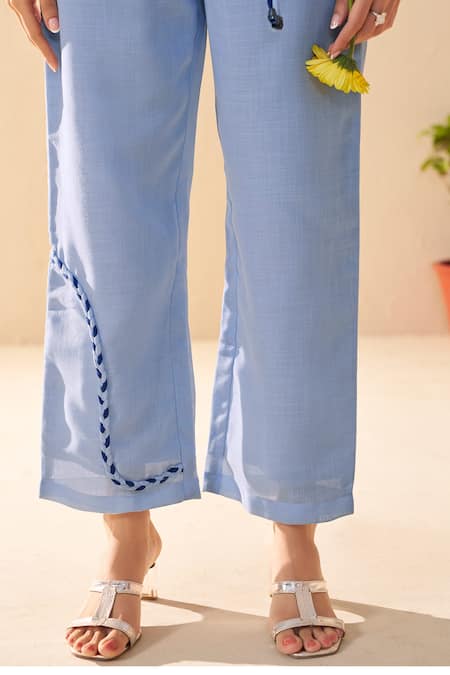 Savaaya_Blue Linen Split V-neck Light Solstice Pant Set _at_Aza_Fashions