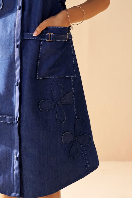 Shop_Savaaya_Blue Denim Embroidery Collared Midi Dress _Online_at_Aza_Fashions