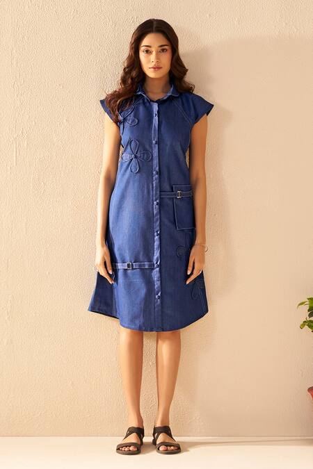 Savaaya_Blue Denim Embroidery Collared Midi Dress _at_Aza_Fashions