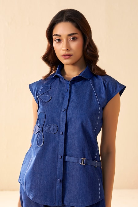 Savaaya Blue Denim Embroidery Collared Shirt And Pant Set Online at Aza Fashions Savaaya_Blue Denim Embroidery Collared Shirt And Pant Set _Online_at_Aza_Fashions