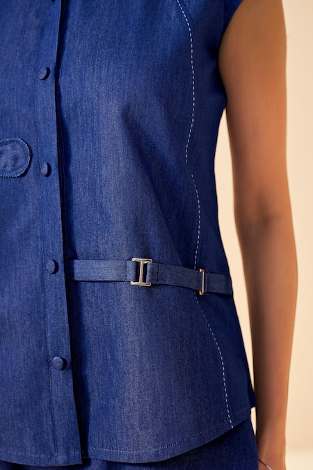 Savaaya Blue Denim Embroidery Collared Shirt And Pant Set at Aza Fashions Savaaya_Blue Denim Embroidery Collared Shirt And Pant Set _at_Aza_Fashions