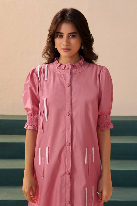 Savaaya Pink Poplin Round Neck Whisper Midi Dress Online at Aza Fashions Savaaya_Pink Poplin Round Neck Whisper Midi Dress _Online_at_Aza_Fashions