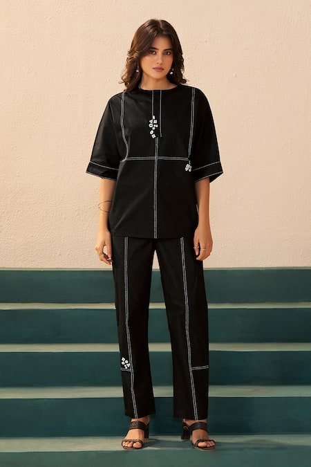 Savaaya Black Cotton, Poplin Embroidery Round Neck Zephyr Pant Set 