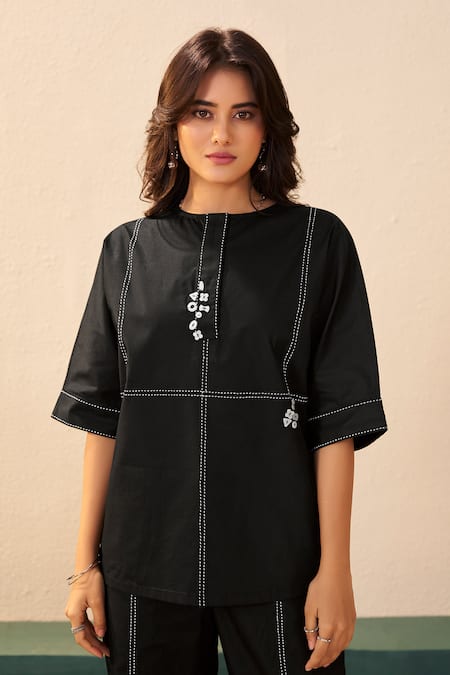 Savaaya Black Cotton, Poplin Embroidery Round Neck Zephyr Pant Set at Aza Fashions Savaaya_Black Cotton, Poplin Embroidery Round Neck Zephyr Pant Set _at_Aza_Fashions