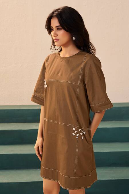 Savaaya_Brown Poplin Round Neck Designer Dress _Online_at_Aza_Fashions