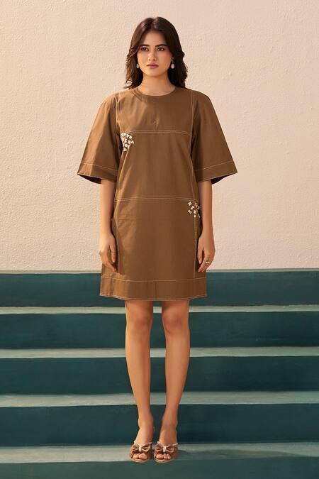 Buy_Savaaya_Brown Poplin Round Neck Designer Dress _Online_at_Aza_Fashions