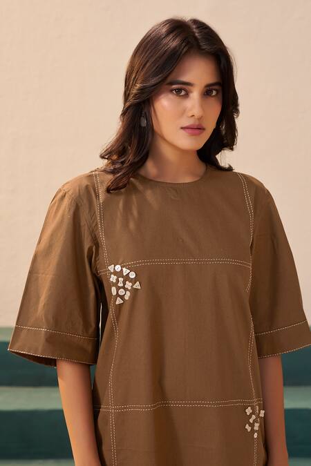 Shop_Savaaya_Brown Poplin Round Neck Designer Dress _Online_at_Aza_Fashions
