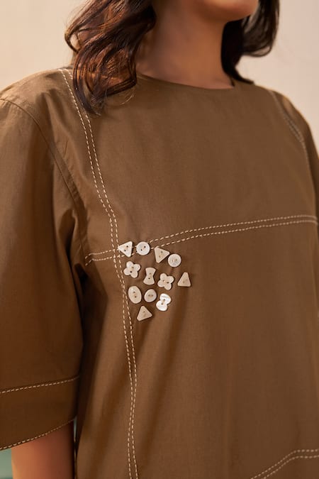 Savaaya_Brown Poplin Round Neck Designer Dress _at_Aza_Fashions