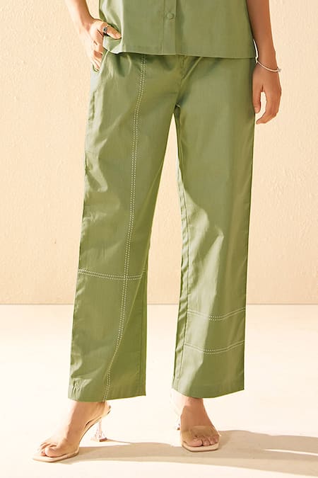 Savaaya_Green Poplin Fabric Flowers Collared Lush Pant Set _Online_at_Aza_Fashions