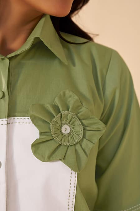 Shop_Savaaya_Green Poplin Fabric Flowers Collared Lush Pant Set _Online_at_Aza_Fashions