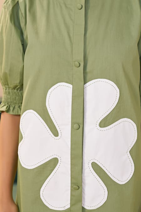 Savaaya_Green Poplin Applique Round Neck And White Magnolia Dress _Online_at_Aza_Fashions