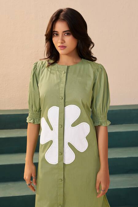 Buy_Savaaya_Green Poplin Applique Round Neck And White Magnolia Dress _Online_at_Aza_Fashions