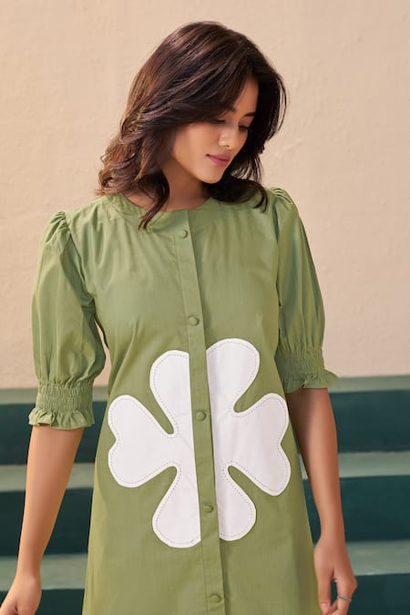 Shop_Savaaya_Green Poplin Applique Round Neck And White Magnolia Dress _Online_at_Aza_Fashions