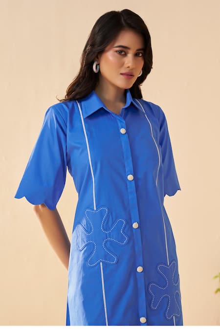 Buy_Savaaya_Blue Poplin Embroidery Collared Ember Midi Dress _Online_at_Aza_Fashions
