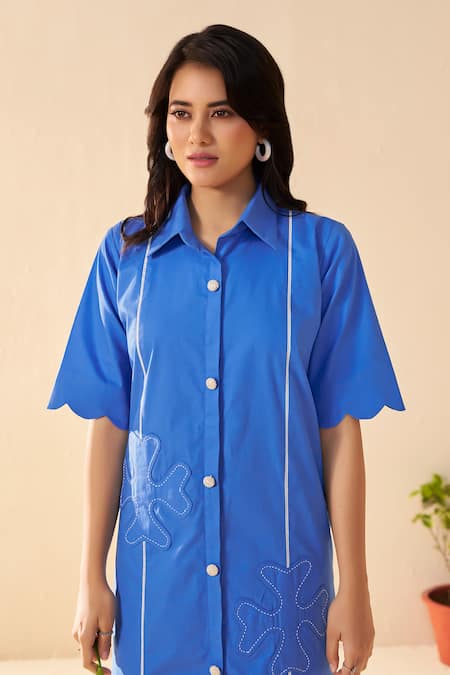 Shop_Savaaya_Blue Poplin Embroidery Collared Ember Midi Dress _Online_at_Aza_Fashions