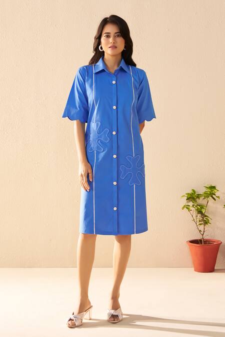Savaaya_Blue Poplin Embroidery Collared Ember Midi Dress _at_Aza_Fashions
