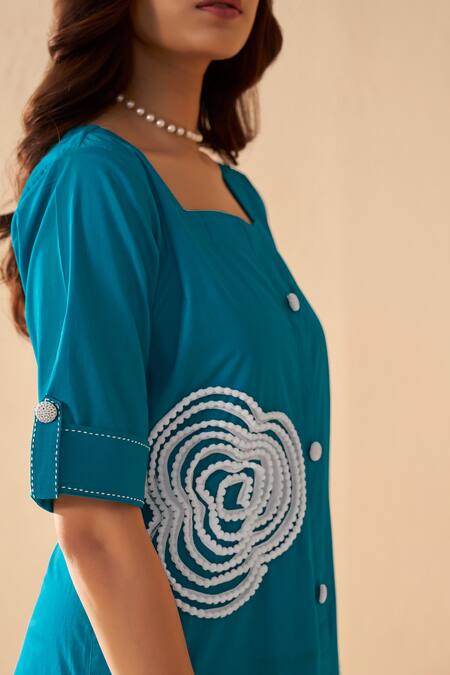 Savaaya_Teal Poplin Embroidery Square Neck Blue Aurora Midi Dress _Online_at_Aza_Fashions