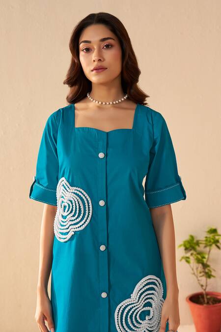 Buy_Savaaya_Teal Poplin Embroidery Square Neck Blue Aurora Midi Dress _Online_at_Aza_Fashions