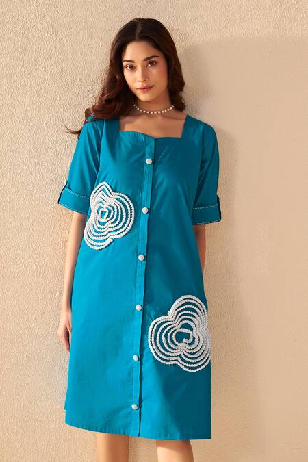 Shop_Savaaya_Teal Poplin Embroidery Square Neck Blue Aurora Midi Dress _Online_at_Aza_Fashions