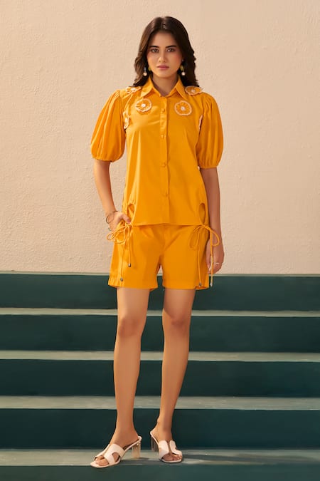 Savaaya Yellow Poplin Embroidery Collared Sunflower Shirt And Shorts Set 