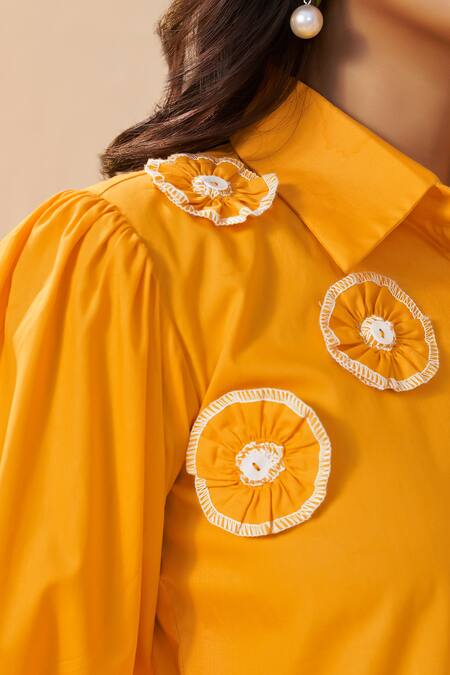 Savaaya_Yellow Poplin Embroidery Collared Sunflower Shirt And Shorts Set _Online_at_Aza_Fashions